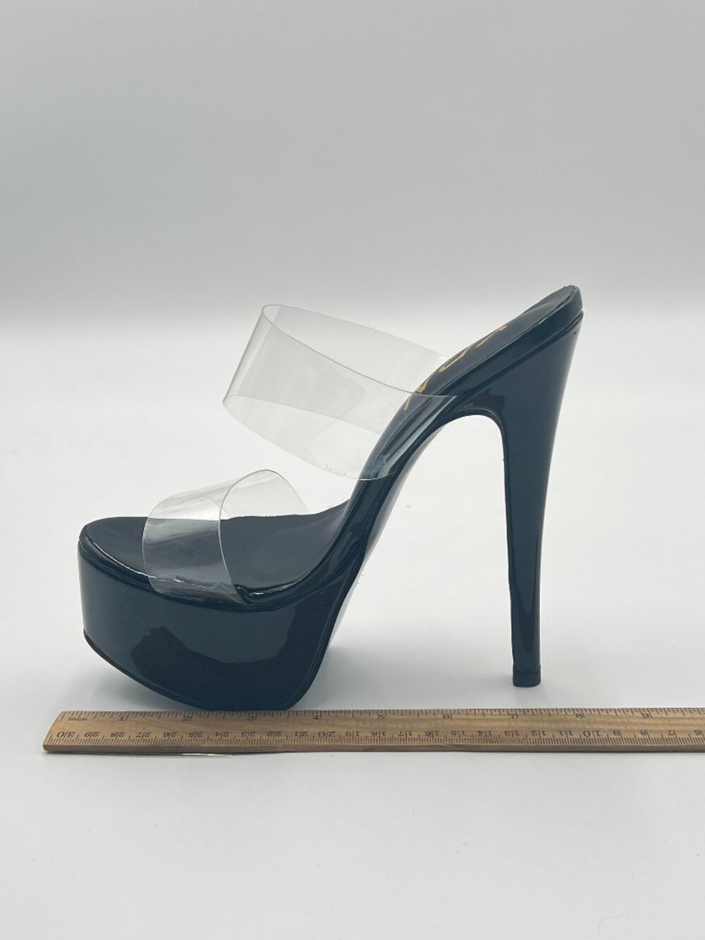 YDN Black Chunky Platform Sky High Heel Mules Sandals Two Clear PVC Straps Shoes
